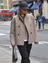 Aurohaya Elegant Brown Wool Double Breasted Coat with V Neck and High Collar for Women Vintage Casual Winter Jacket